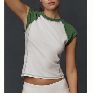 Anthropologie Top-Stitch Shrunken Short-Sleeve Pilcro Green White Small NEW